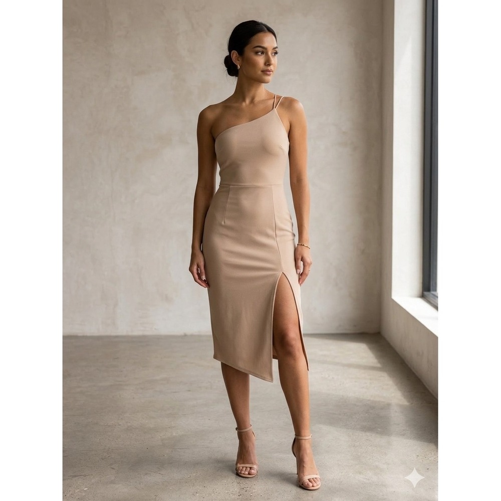Olia Women's Medium Tan NWT One Shoulder Asymmetrical Midi Dress Cocktail City